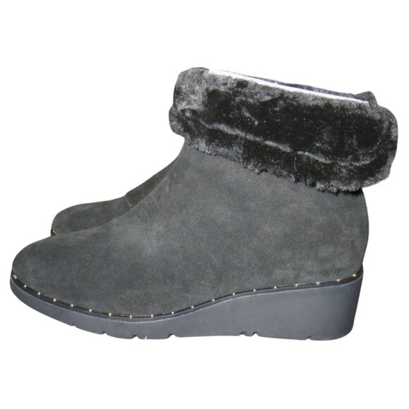 Steven by Steve Madden Bingo Black Suede Leather Fur Collared wedge boots sz 9.5 - Picture 1 of 9